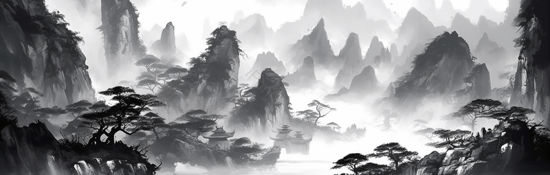 黑白层峦叠嶂峡谷山水插画,插画/手绘图,插画/手绘图库,插画/手绘图下载,插画/手绘